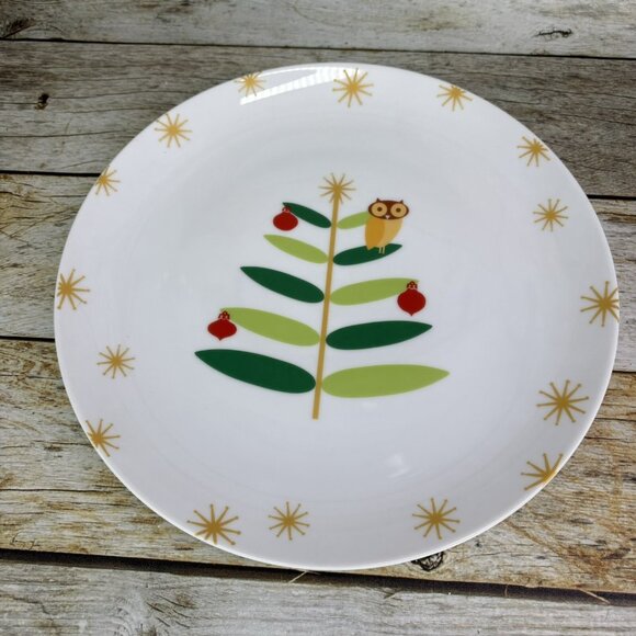 Rachael Ray HOLIDAY HOOT Christmas Tree Owl Stars Porcelain Dinner Plates Set 4 - Picture 2 of 16